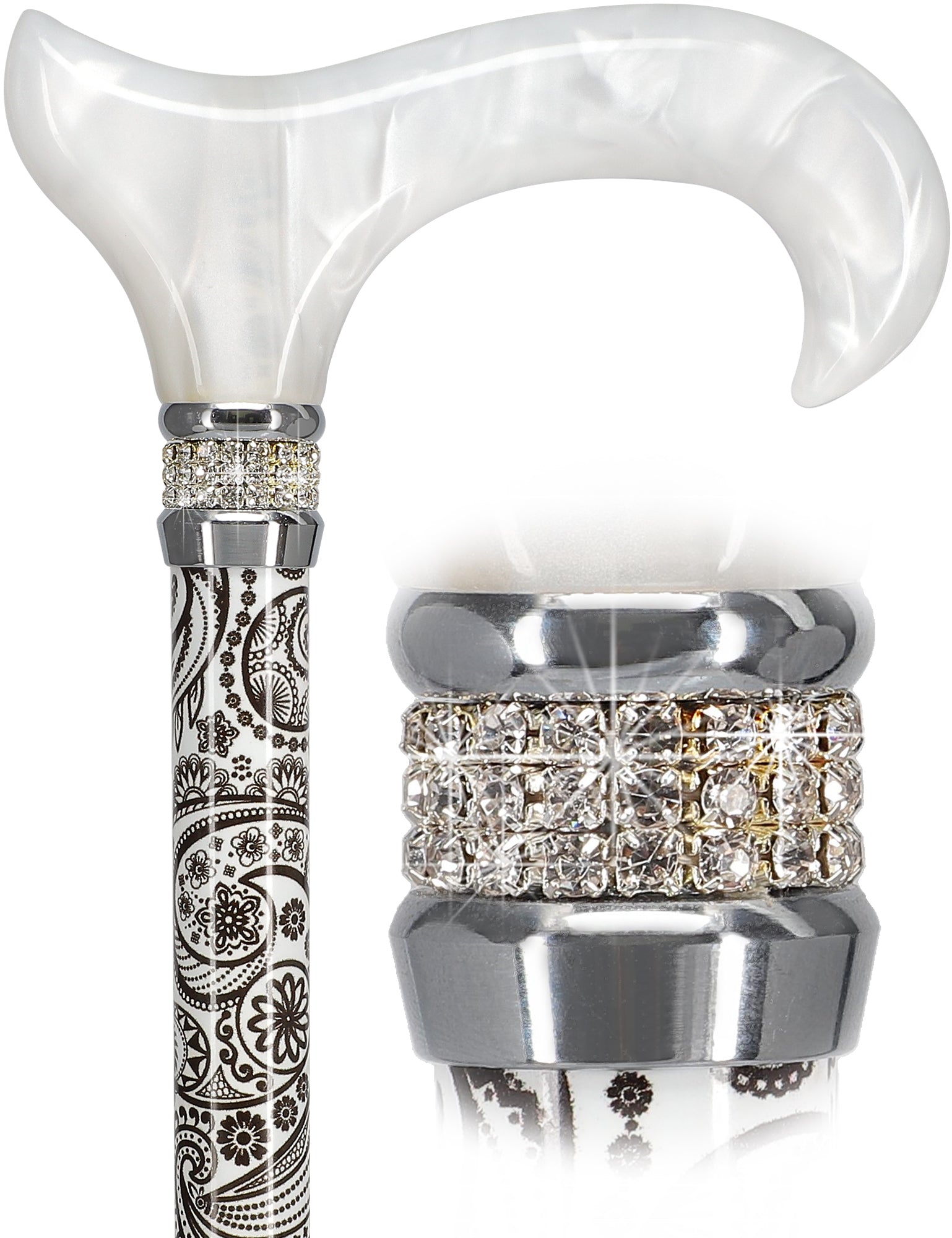 Black & White Swirl Pearlz Rhinestone Orthopedic Derby Cane