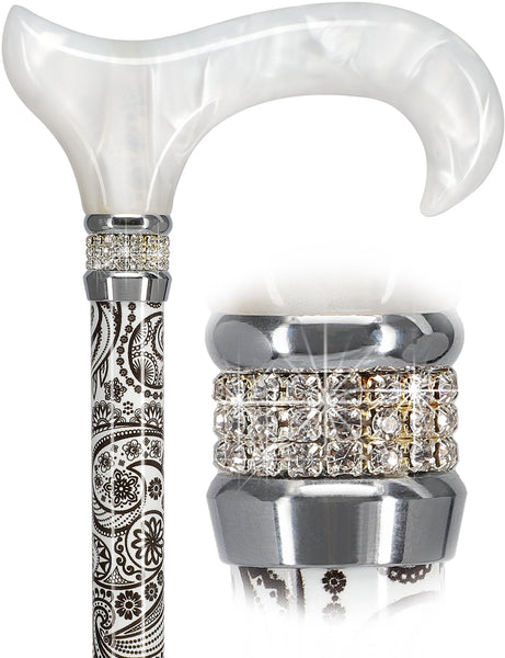 Rhinestone Designer Cane: Black & White Majesty Pearlz