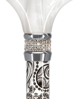White Pearlz and Rhinestone Collar on Designer Black Swirl Adjustable Cane