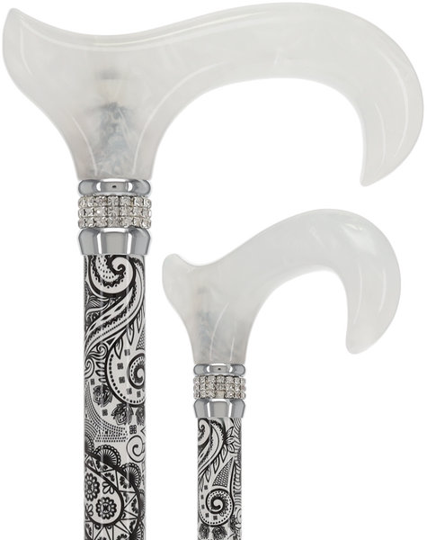 Black & White Swirl Pearlz Rhinestone Orthopedic Derby Cane