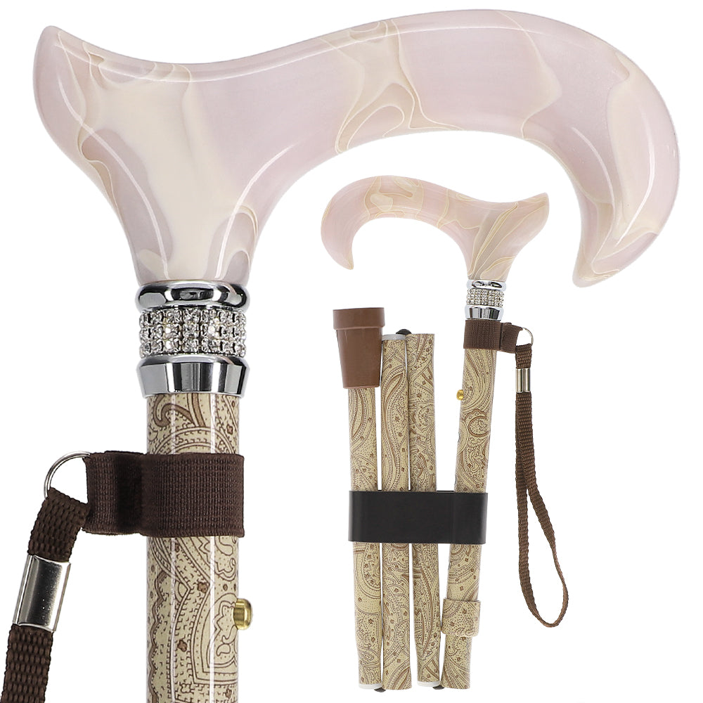 Rhinestone Pearlz Designer Folding Cane Creme Swirl Handle