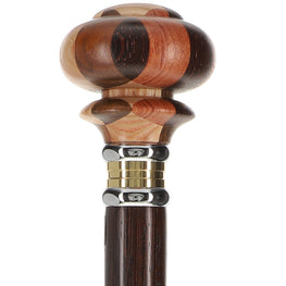 Scratch and Dent Mad Hatter Multi Wood Knob Handle Walking Stick With Wenge Wood Shaft and Two Tone Collar V1245