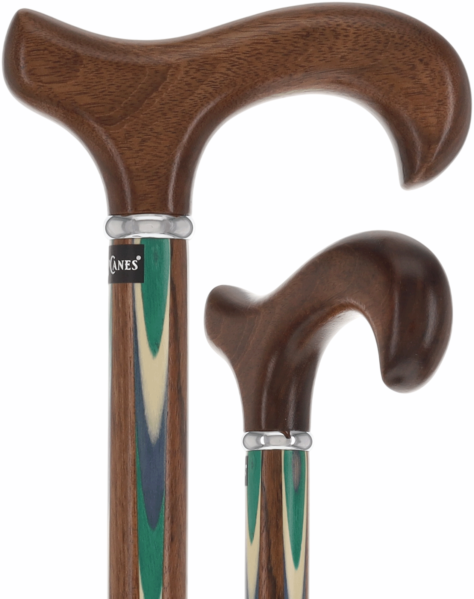 Green & Blue Inlaid Derby Walking Cane With Ovangkol Shaft and Silver Collar w/ SafeTbase