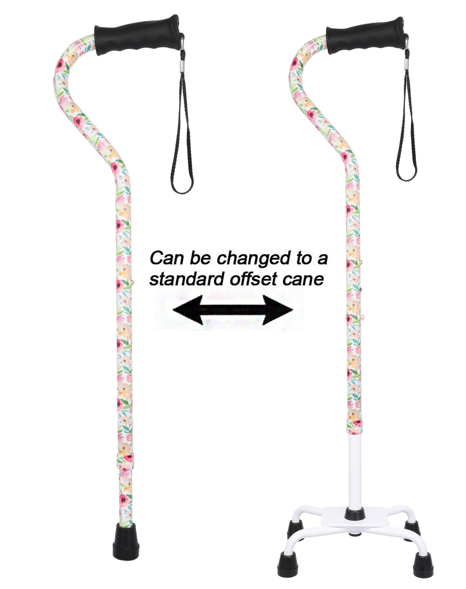 Watercolor Flowers Vivienne May Convertible Quad Base Walking Cane with Comfort Grip - Adjustable Sh