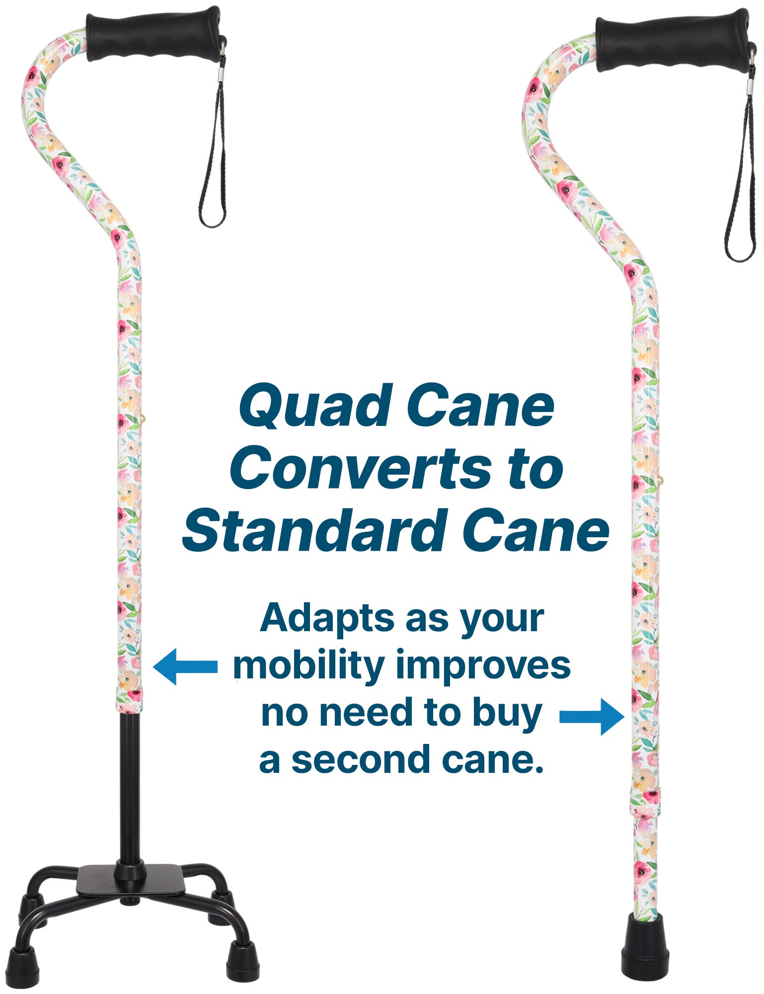 Watercolor Flowers Vivienne May Convertible Quad Base Walking Cane with Comfort Grip - Adjustable Sh