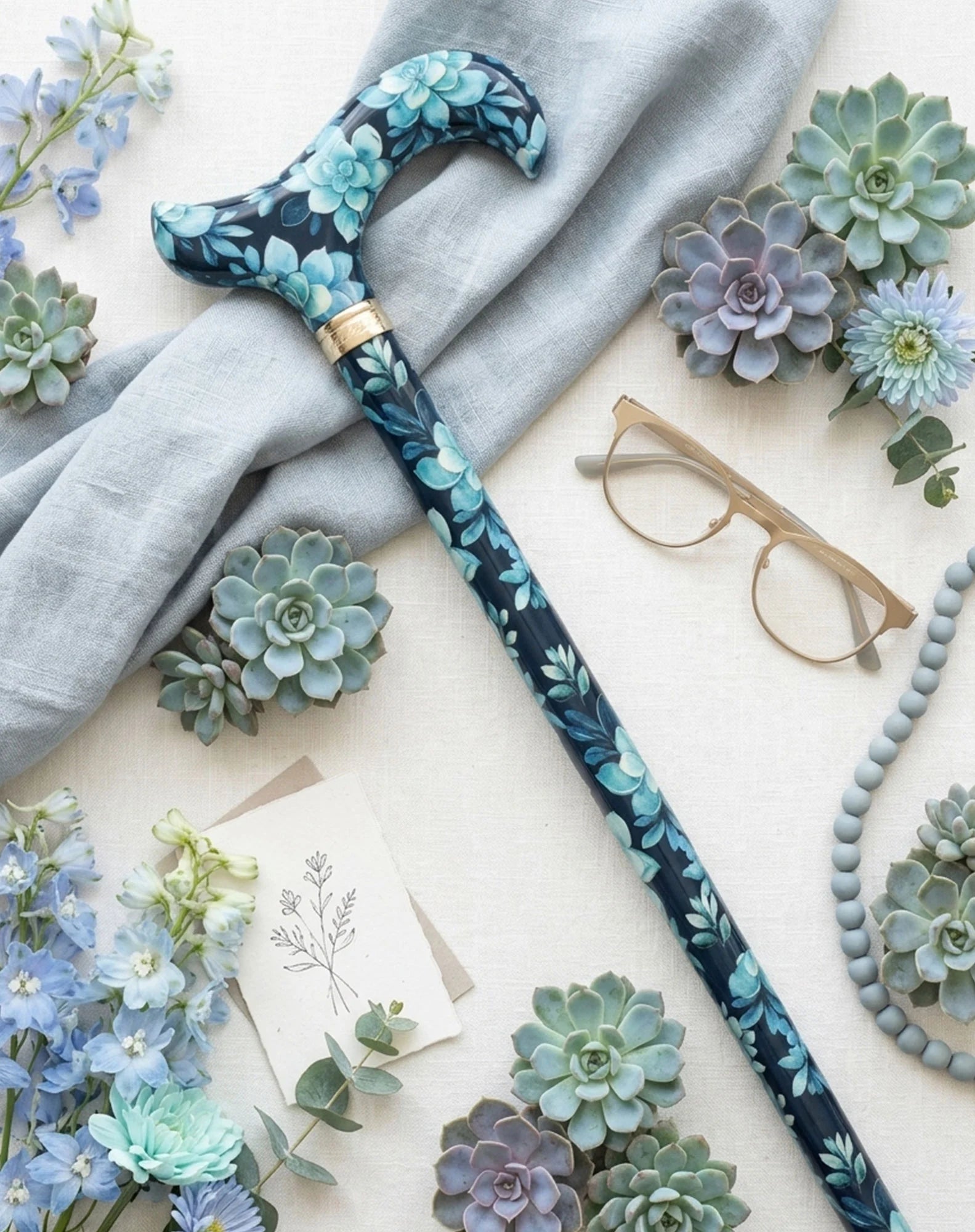 FashionStix Blue Bloom Succulents: Adjustable Designer Cane