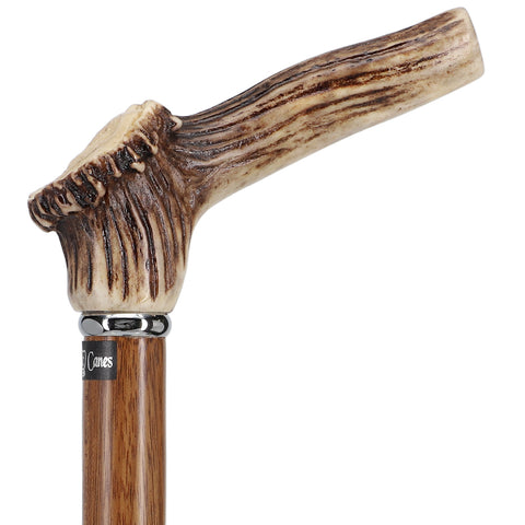 Genuine Deer Stag Horn Walking Cane With Ovangkol Wood Shaft and Silver Collar