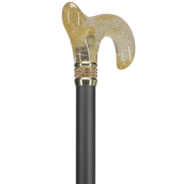 Gold Sparkle Designer Glitter Derby Handle Walking Cane w/ Rhinestone Collar