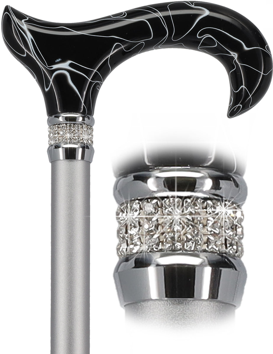 Luxurious Black Marble Designer Derby Cane with Rhinestone Collar ...