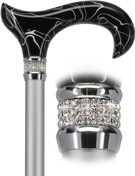 Rhinestone Designer Cane: Black Marble & Platinum Pearlz