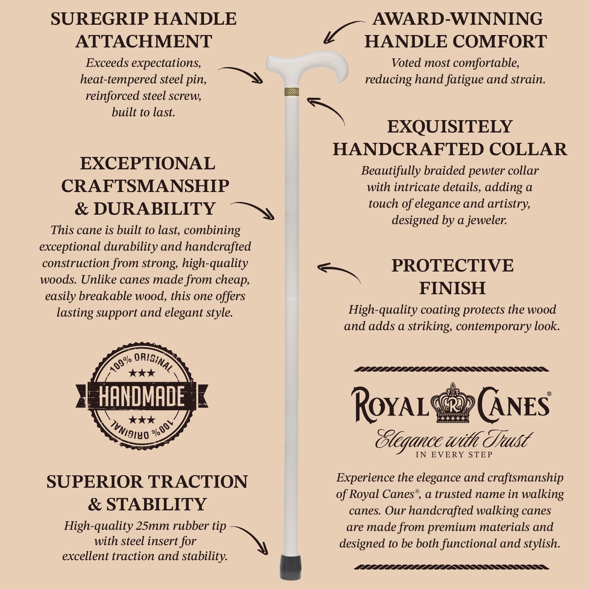 Super Strong Derby Handle Cane - Ash Wood, Pewter Wheat Collar, Matching Stain, 3 Color Options