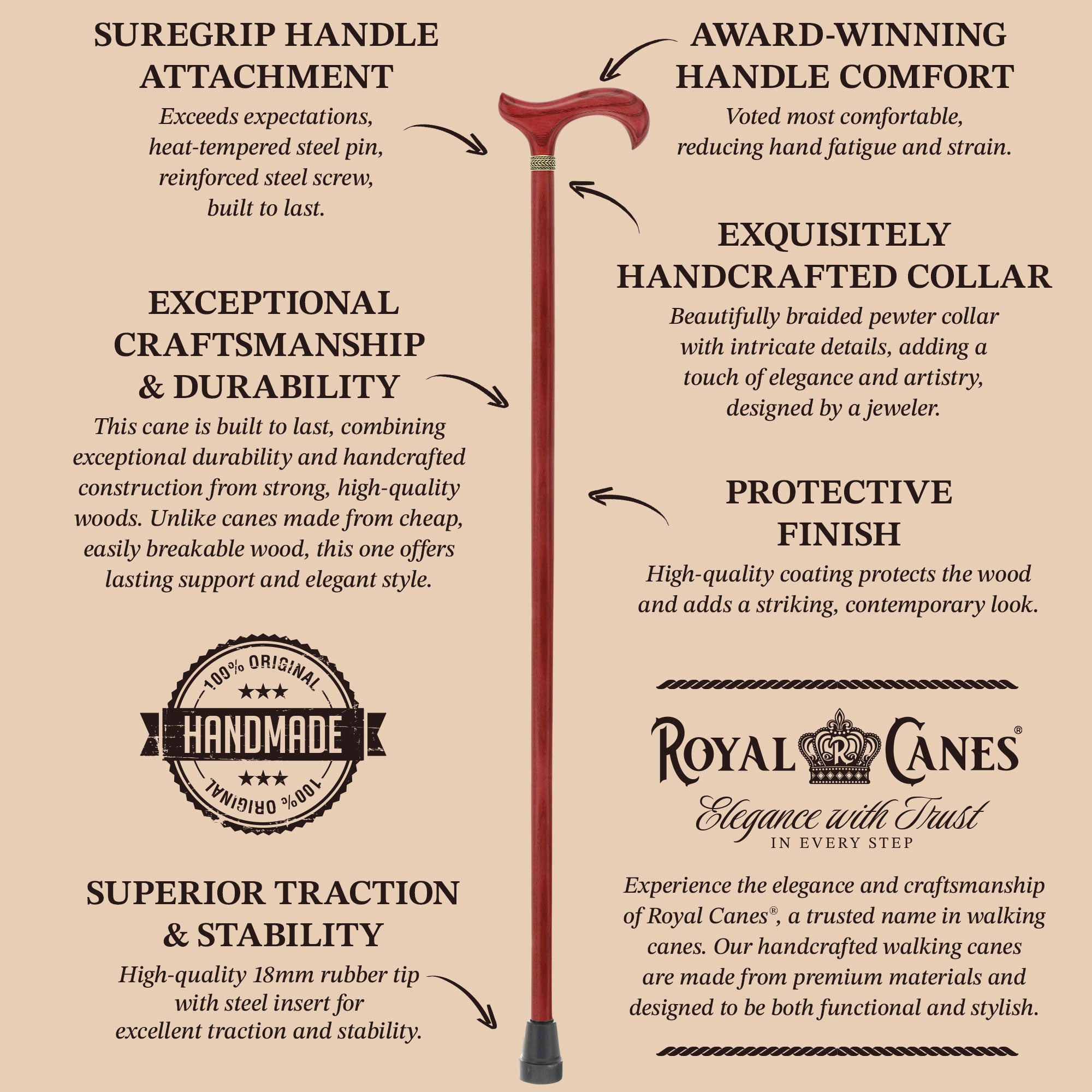 Striking Mahogany Red Derby Cane: Premium Natural Ash Wood w/ Pewter Collar