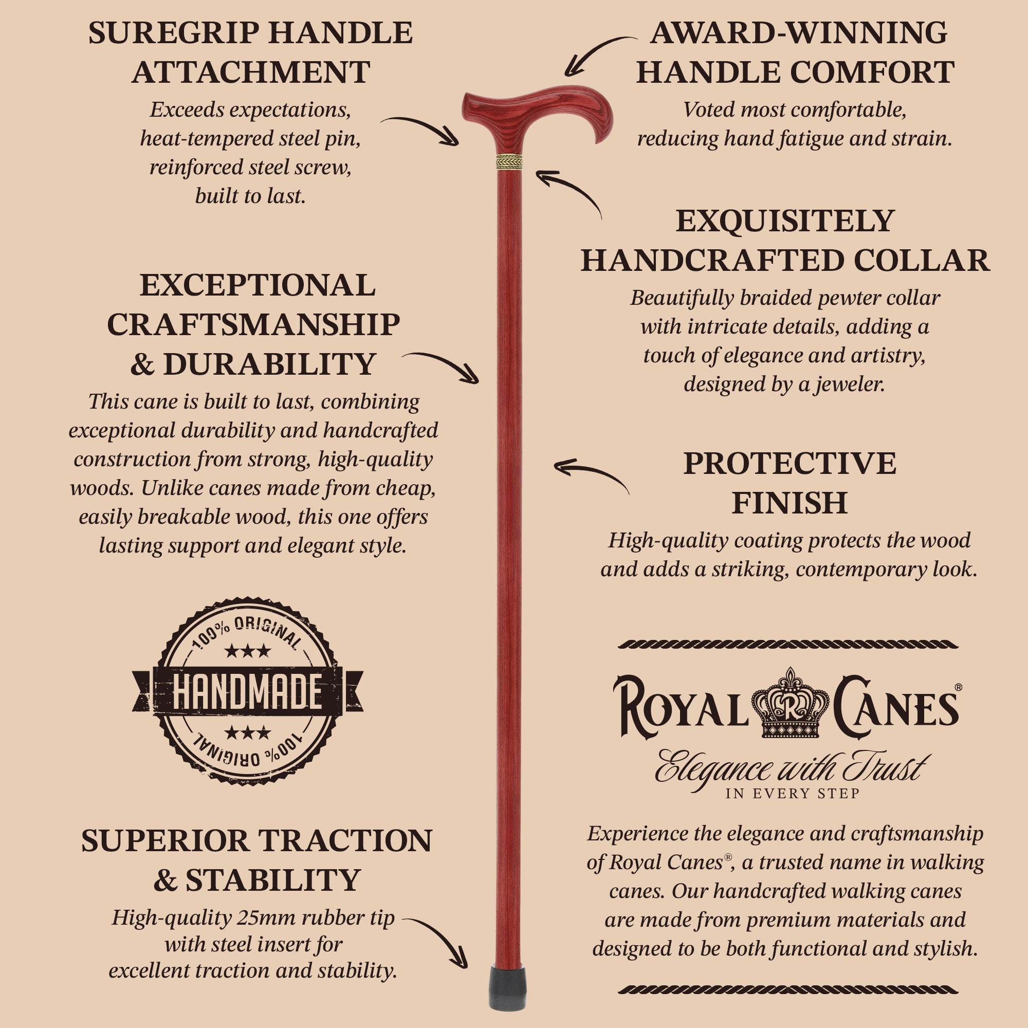 Super Strong Derby Handle Cane - Ash Wood, Pewter Wheat Collar, Matching Stain, 3 Color Options