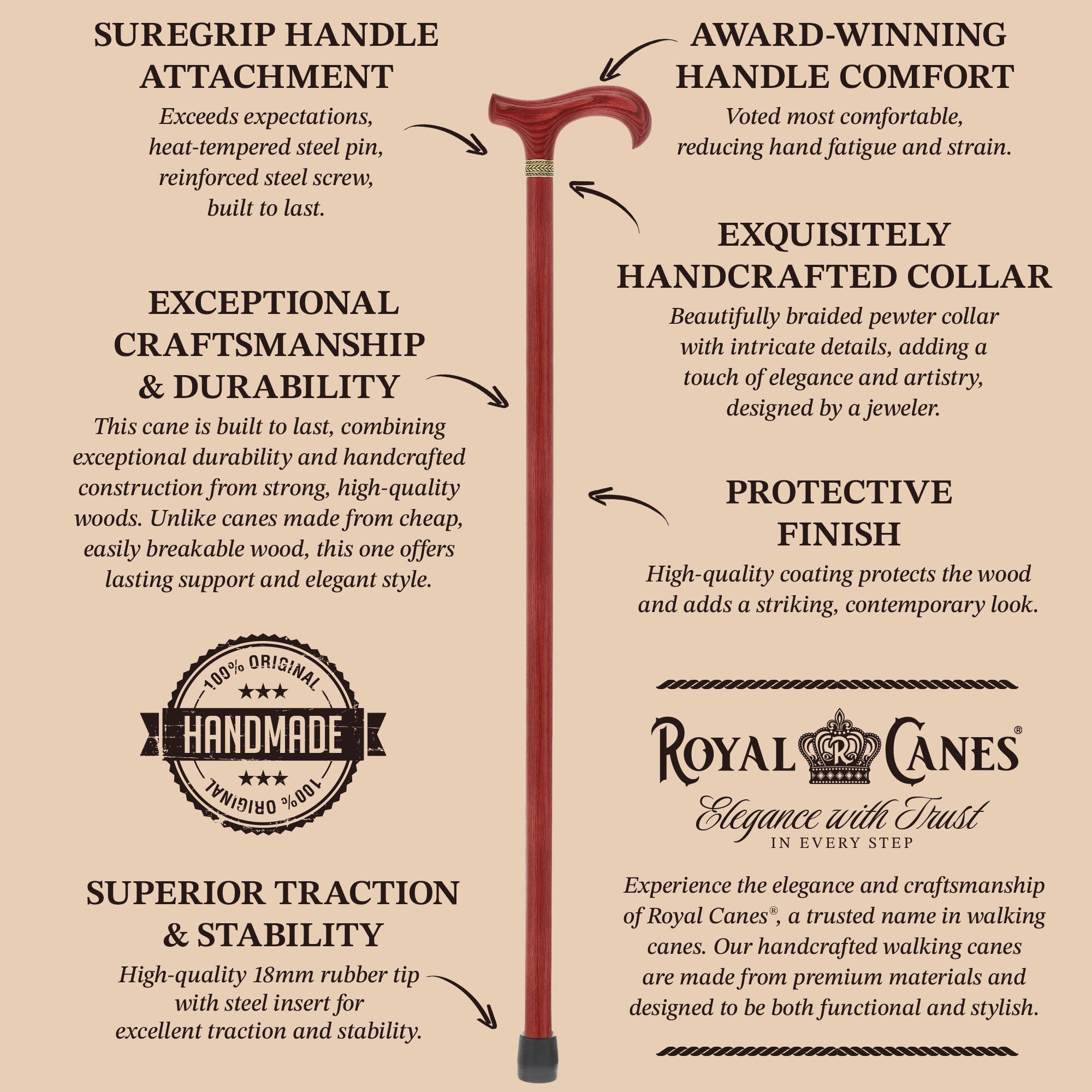 Derby Handle - XL Size - Extra Long & Strong (Mahogany, Black, Pewter Collar)