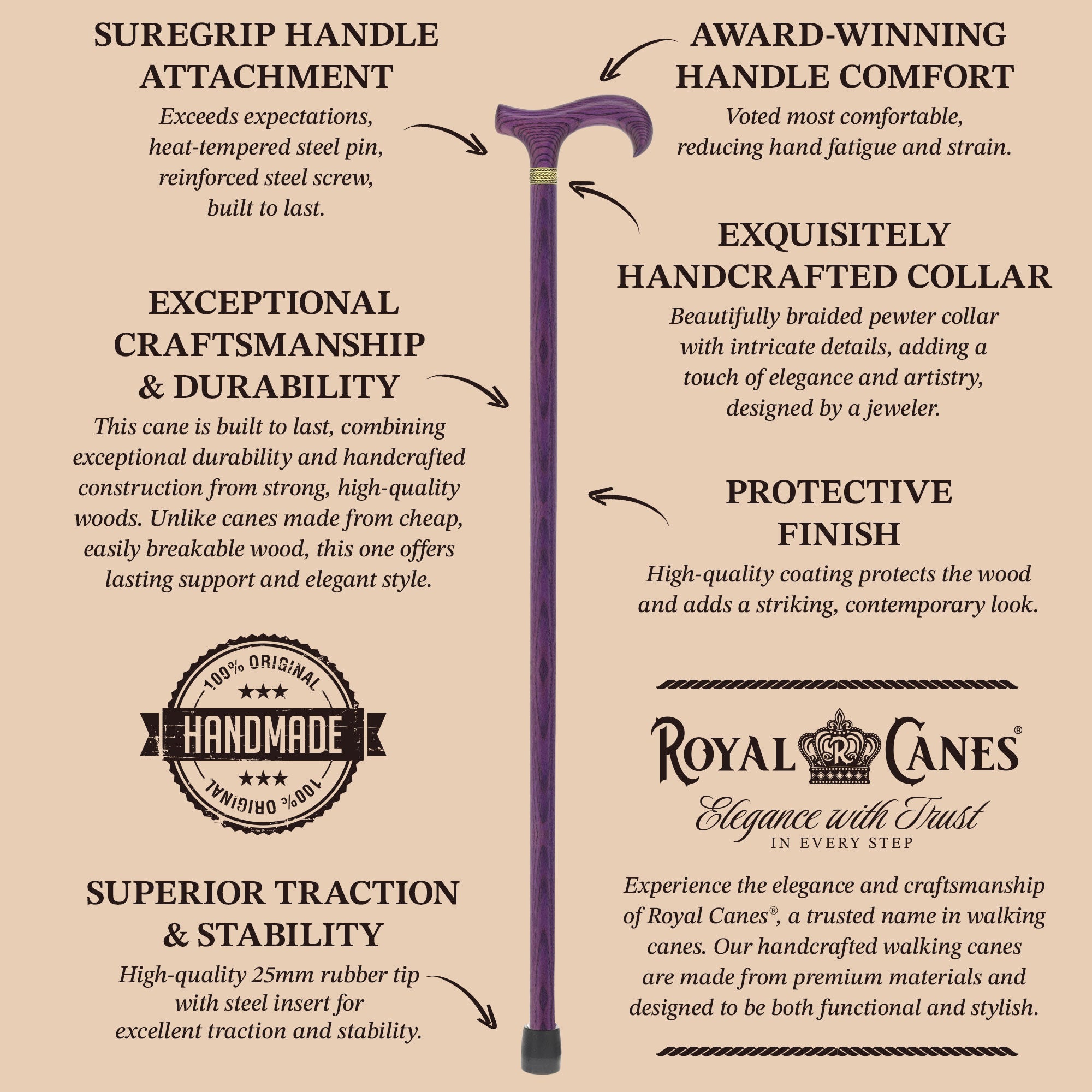 Super Strong Derby Handle Cane - Ash Wood, Pewter Wheat Collar, Matching Stain, 3 Color Options