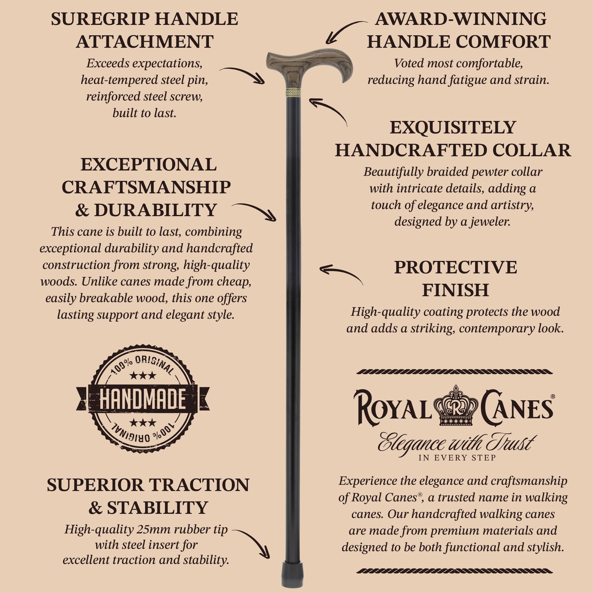 Royal Canes Standard Size Classic Derby: Wood-Stained, Pewter Collar, 6 Color Options