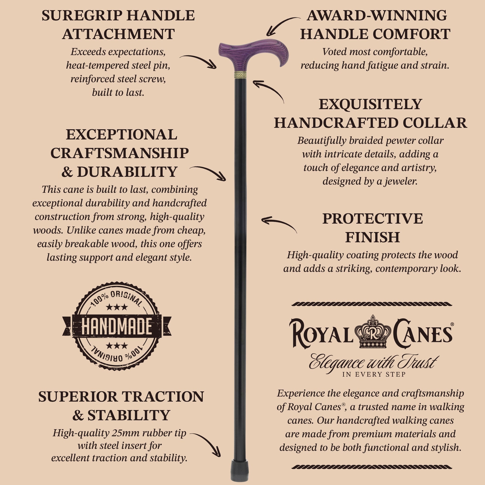 Royal Canes Standard Size Classic Derby: Wood-Stained, Pewter Collar, 6 Color Options