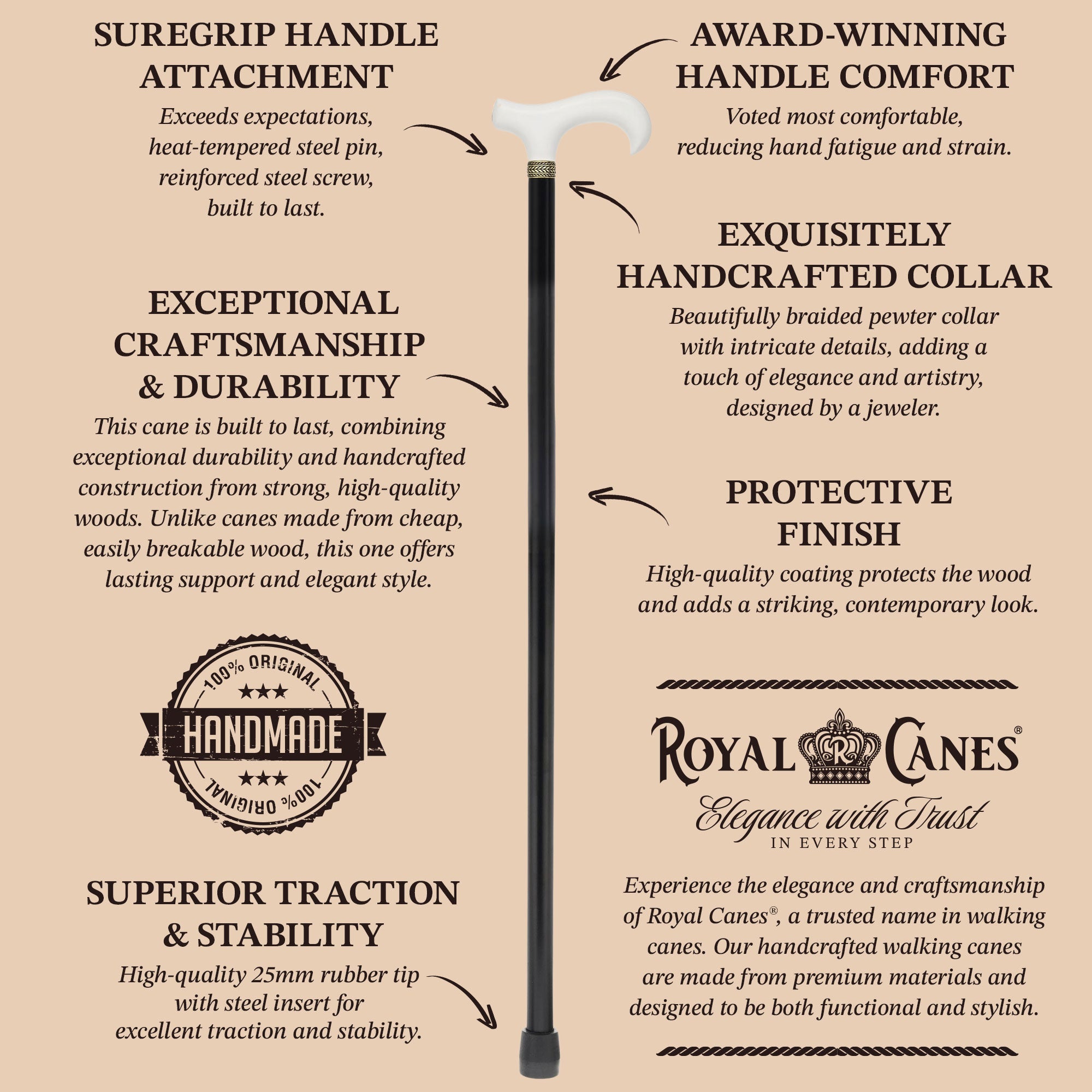 Royal Canes Standard Size Classic Derby: Wood-Stained, Pewter Collar, 6 Color Options
