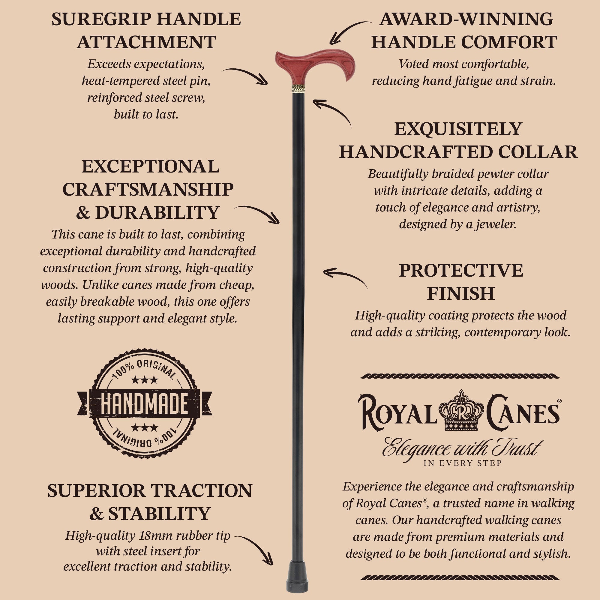 Royal Canes Standard Size Classic Derby: Wood-Stained, Pewter Collar, 6 Color Options
