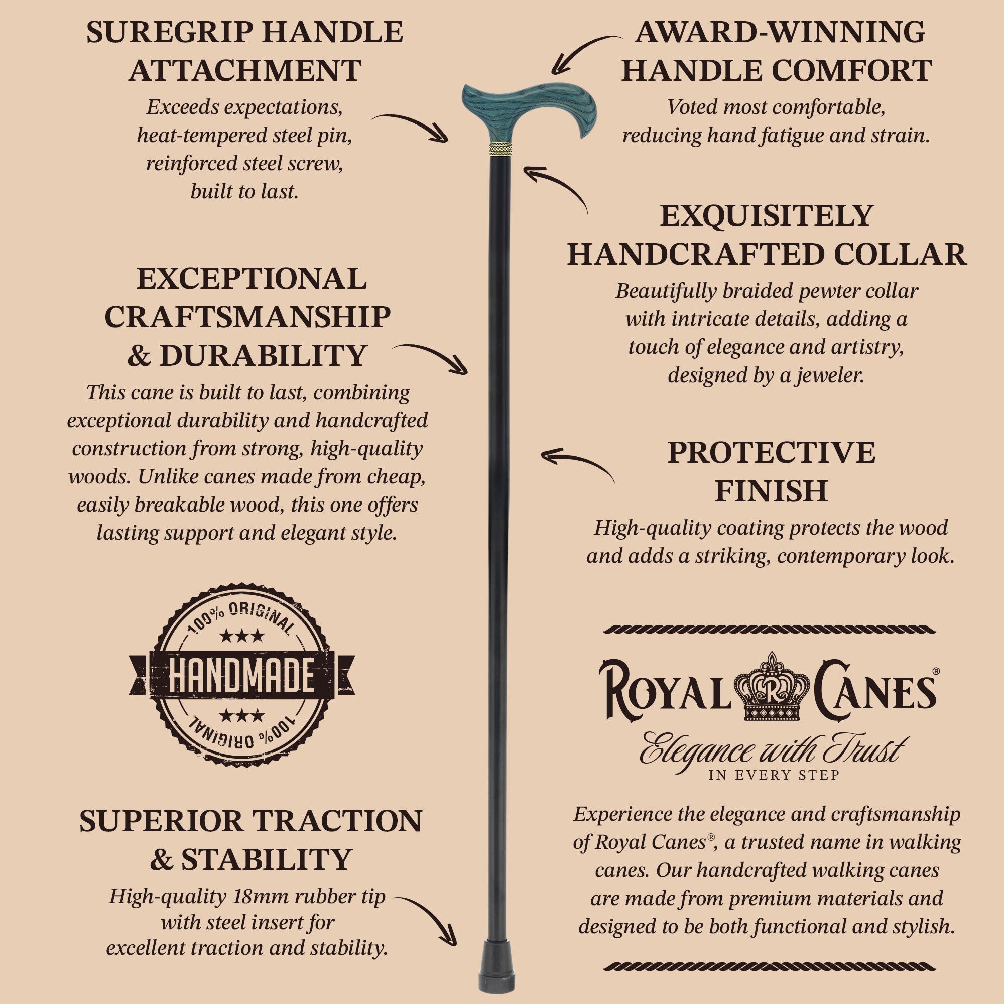 Royal Canes Standard Size Classic Derby: Wood-Stained, Pewter Collar, 6 Color Options