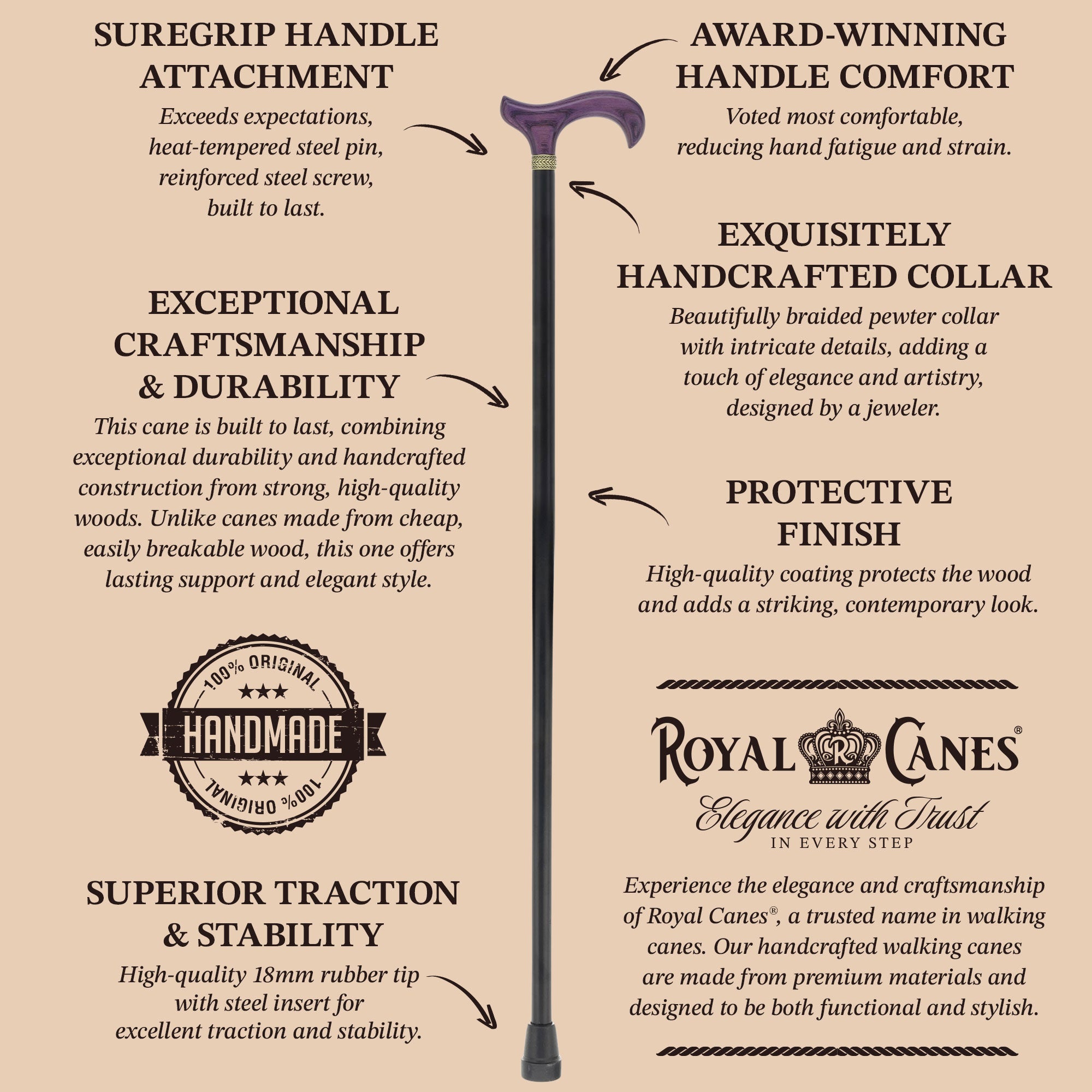 Royal Canes Standard Size Classic Derby: Wood-Stained, Pewter Collar, 6 Color Options