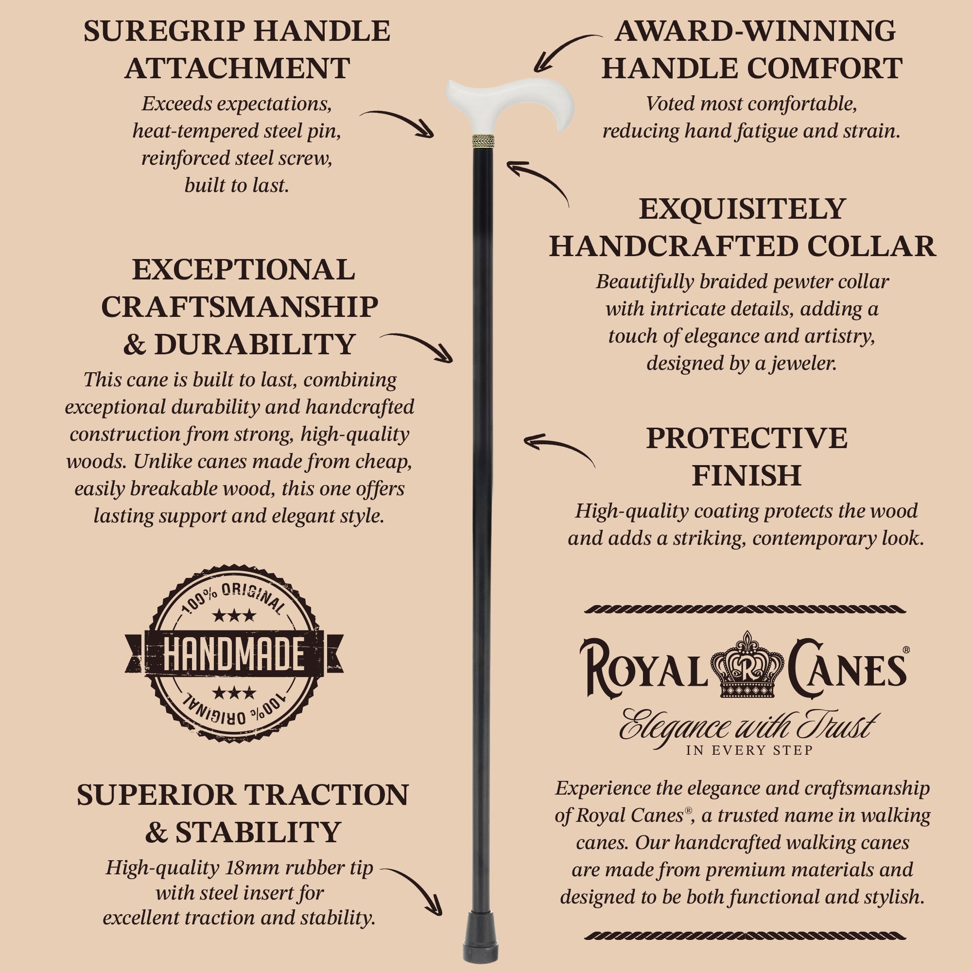 Royal Canes Standard Size Classic Derby: Wood-Stained, Pewter Collar, 6 Color Options