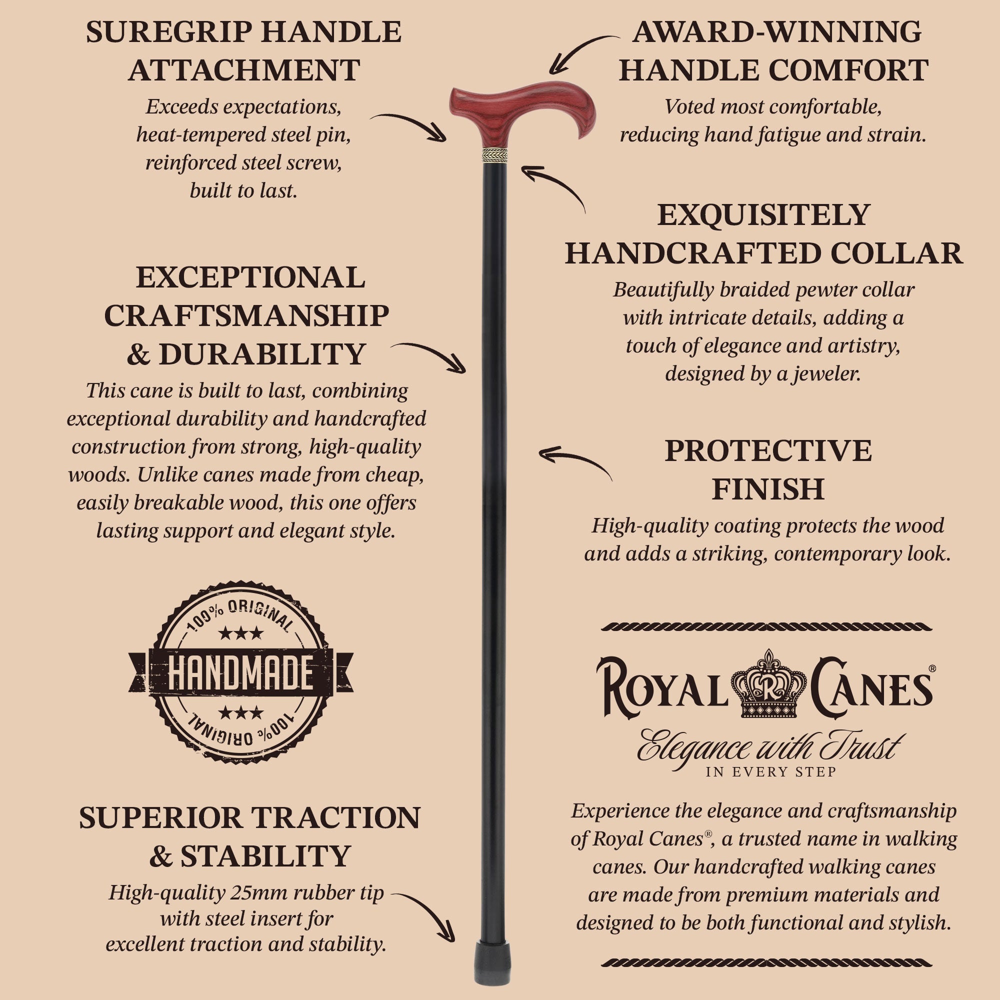 Royal Canes Standard Size Classic Derby: Wood-Stained, Pewter Collar, 6 Color Options