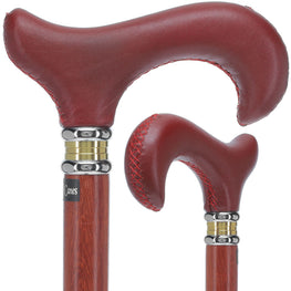 Red Leather Derby Walking Cane With Padauk Wood Shaft and Two Tone Collar