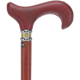 Red Leather Derby Walking Cane With Padauk Wood Shaft and Two Tone Collar