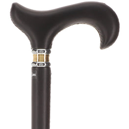 Scratch and Dent Black Leather Wrapped Derby Walking Cane With Leather Shaft and Two Tone Collar V1232