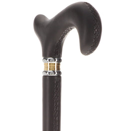 Scratch and Dent Black Leather Wrapped Derby Walking Cane With Leather Shaft and Two Tone Collar V1210