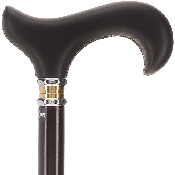 Scratch and Dent Black Leather Derby Walking Cane With Black Beechwood Shaft and Two-tone Collar V1218