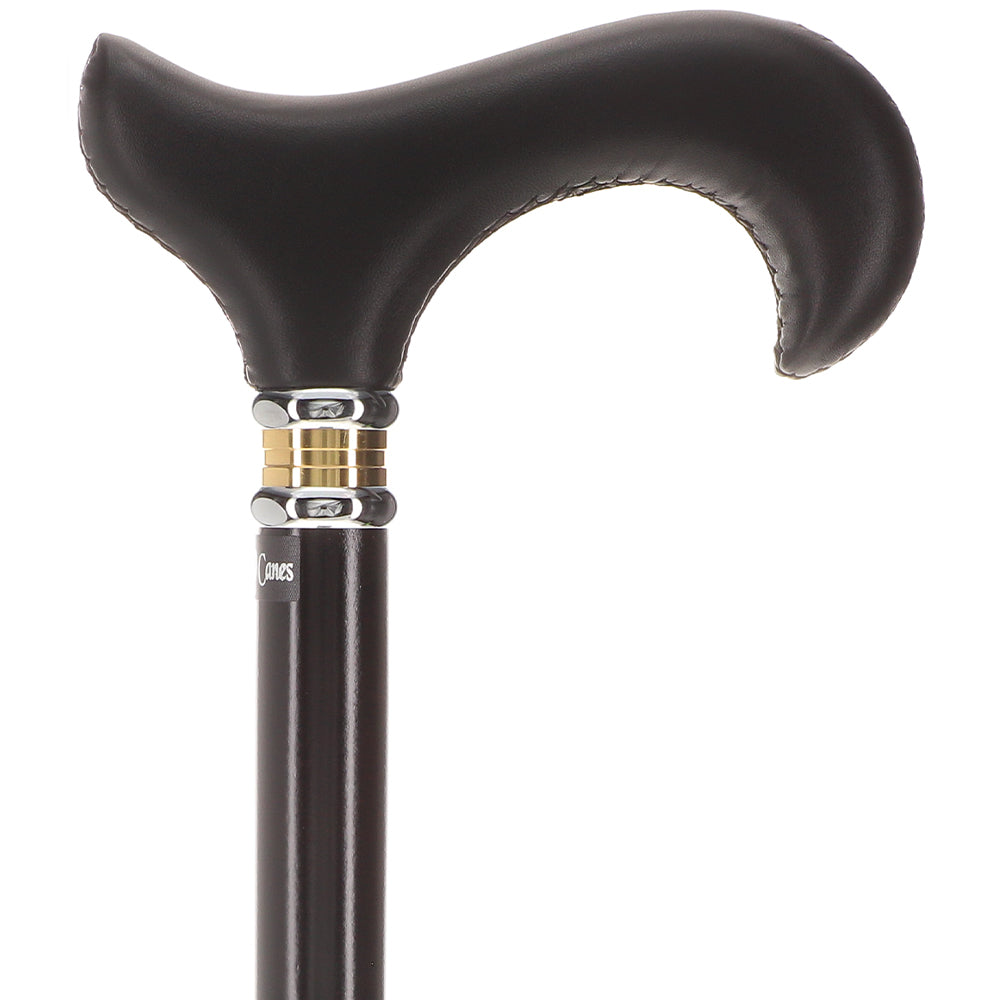 Black Leather Derby Walking Cane With Black Beechwood Shaft and