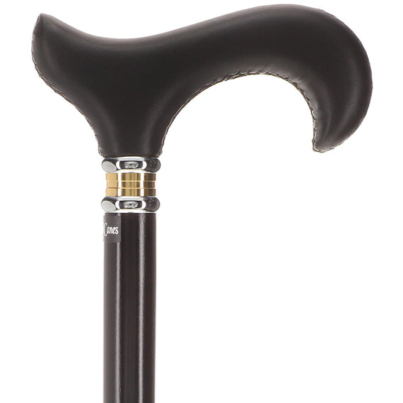 Scratch and Dent Black Leather Derby Walking Cane With Black Beechwood Shaft and Two-tone Collar V1218