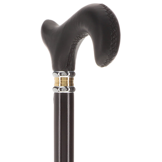 Scratch and Dent Black Leather Derby Walking Cane With Black Beechwood Shaft and Two-tone Collar V1218