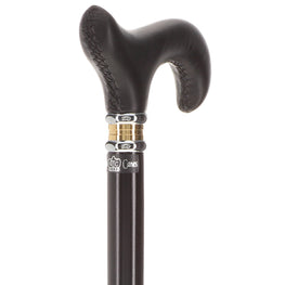 Black Leather Derby Walking Cane With Black Beechwood Shaft and Two-tone Collar