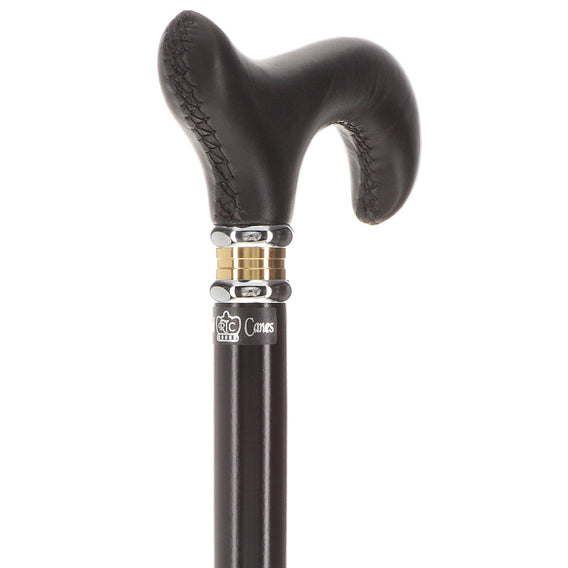 Scratch and Dent Black Leather Derby Walking Cane With Black Beechwood Shaft and Two-tone Collar V1218