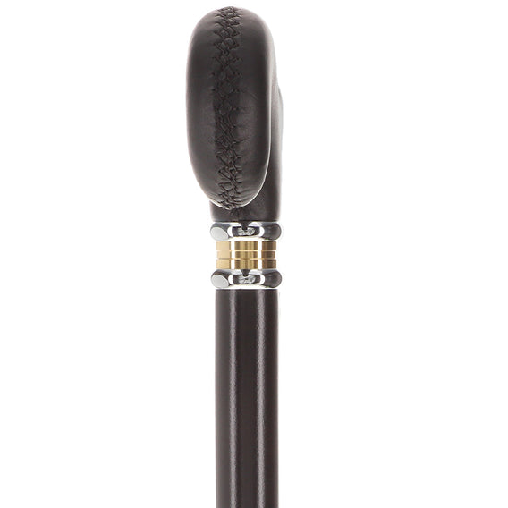 Scratch and Dent Black Leather Derby Walking Cane With Black Beechwood Shaft and Two-tone Collar V1218