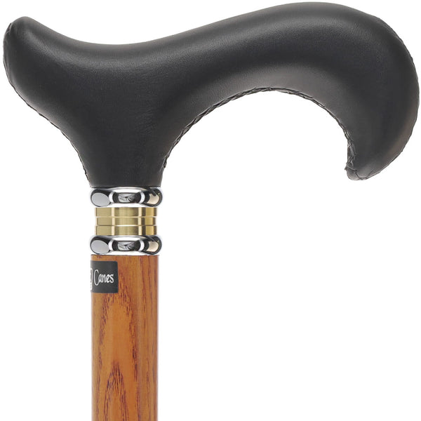 Soft Genuine Leather Grip Derby Cane: Natural Ash Shaft