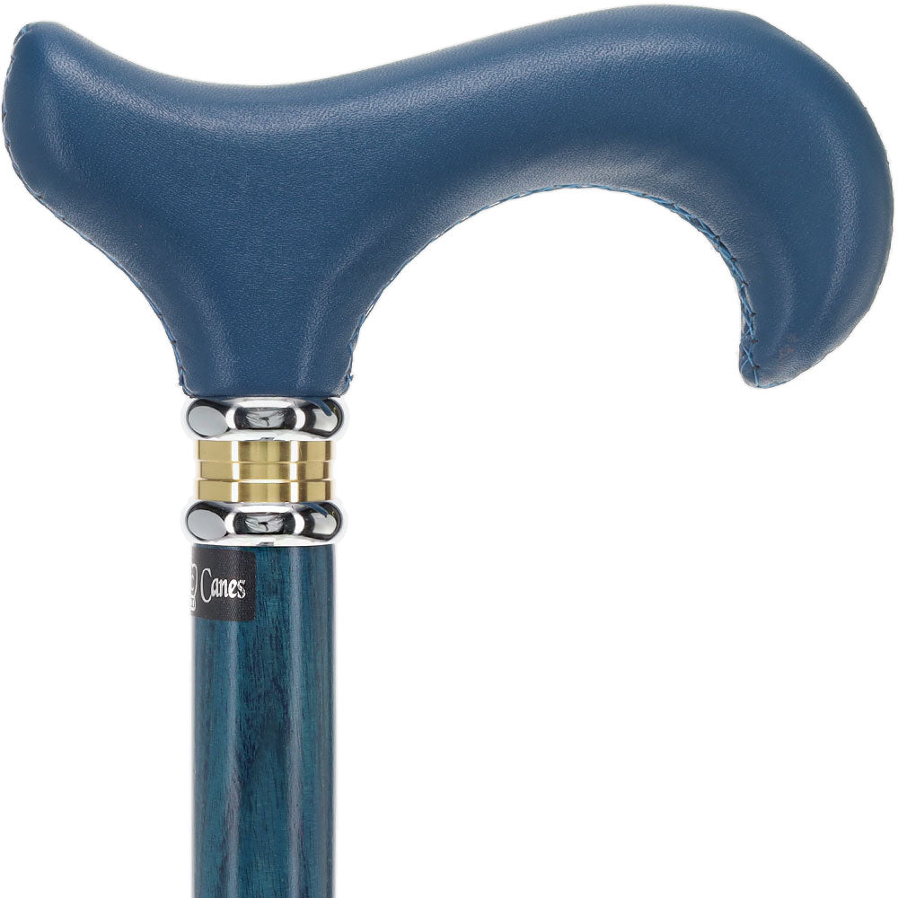 Blue Soft Leather Derby Walking Cane With Blue Stained Ash Wood Shaft and Two-tone Collar