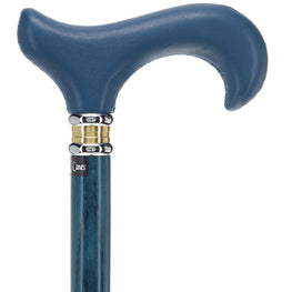 Blue Leather Derby Walking Cane With Blue Stained Ash Wood Shaft and Two-tone Collar