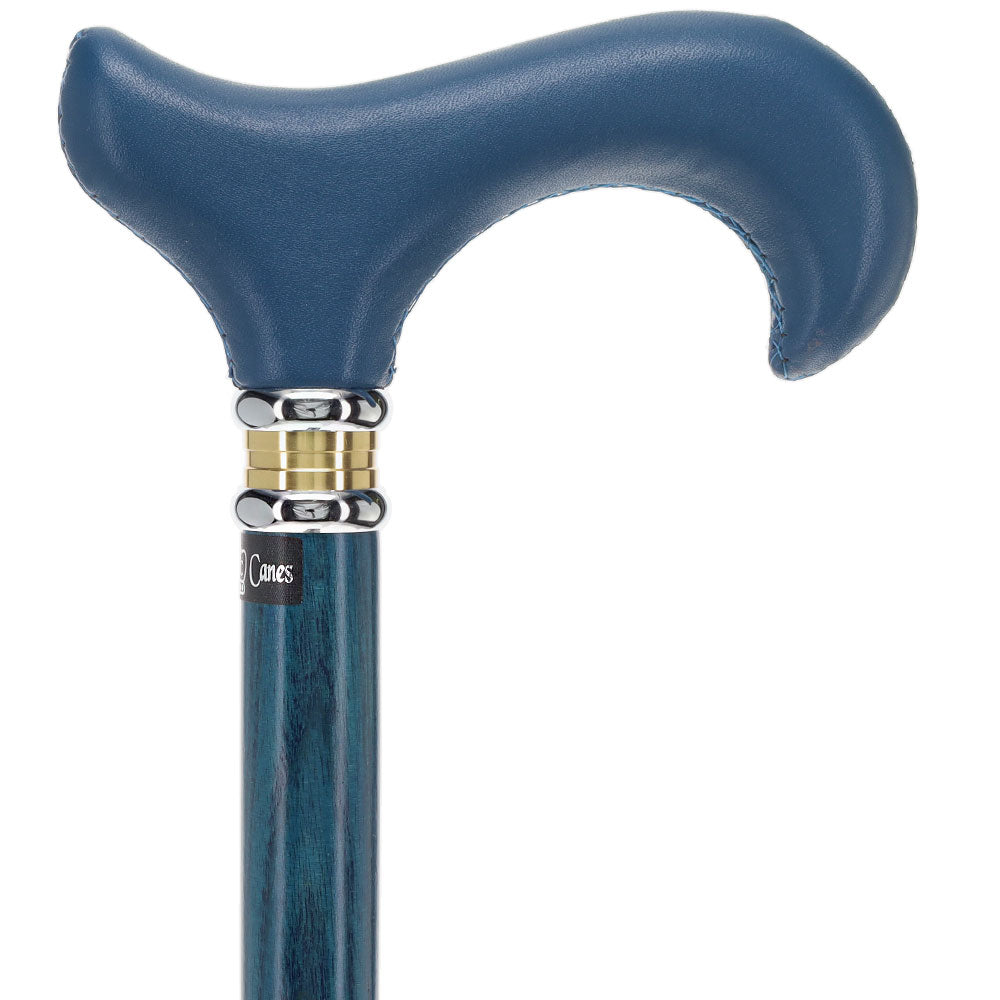Blue Soft Leather Derby Walking Cane With Blue Stained Ash Wood Shaft and Two-tone Collar