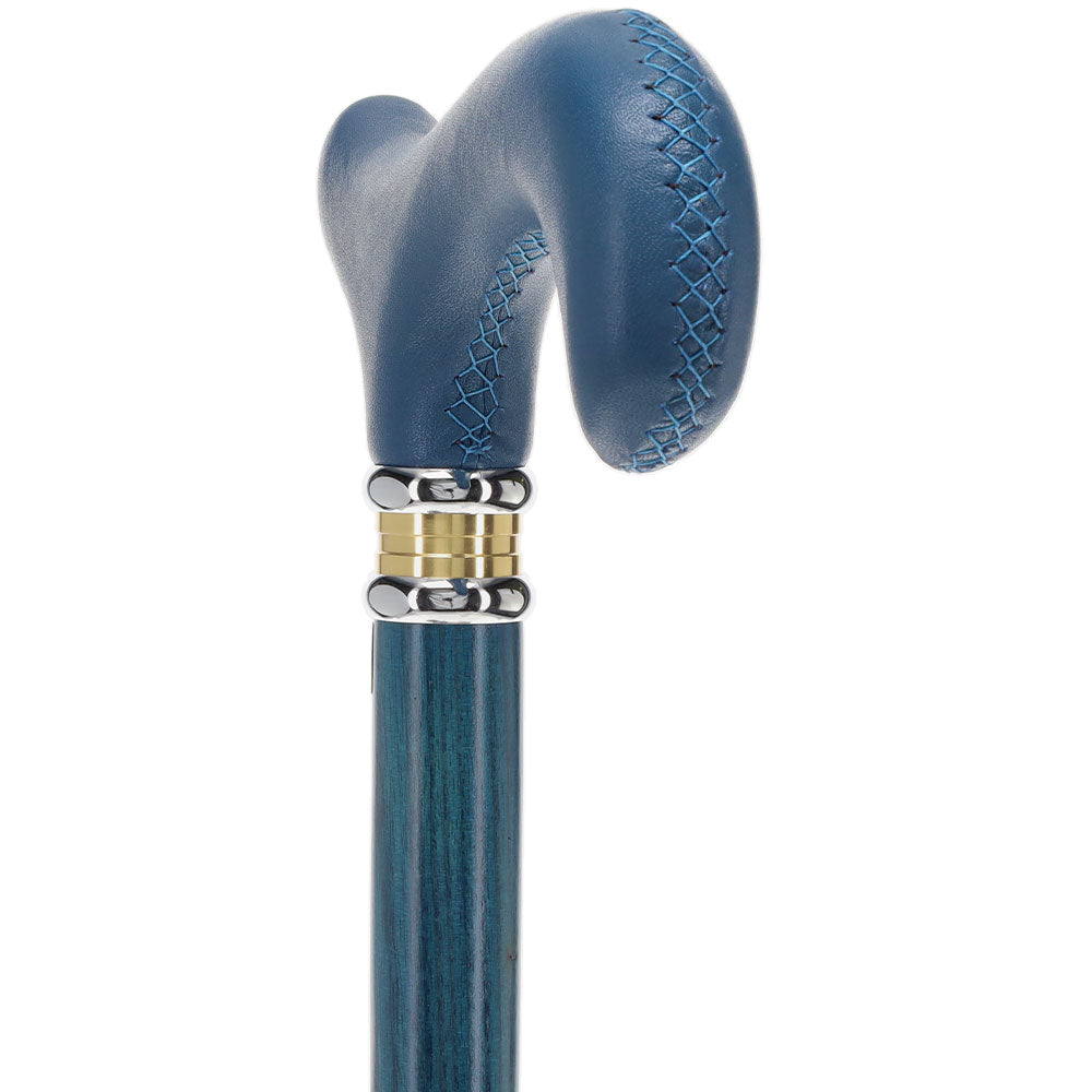 Blue Soft Leather Derby Walking Cane With Blue Stained Ash Wood Shaft and Two-tone Collar