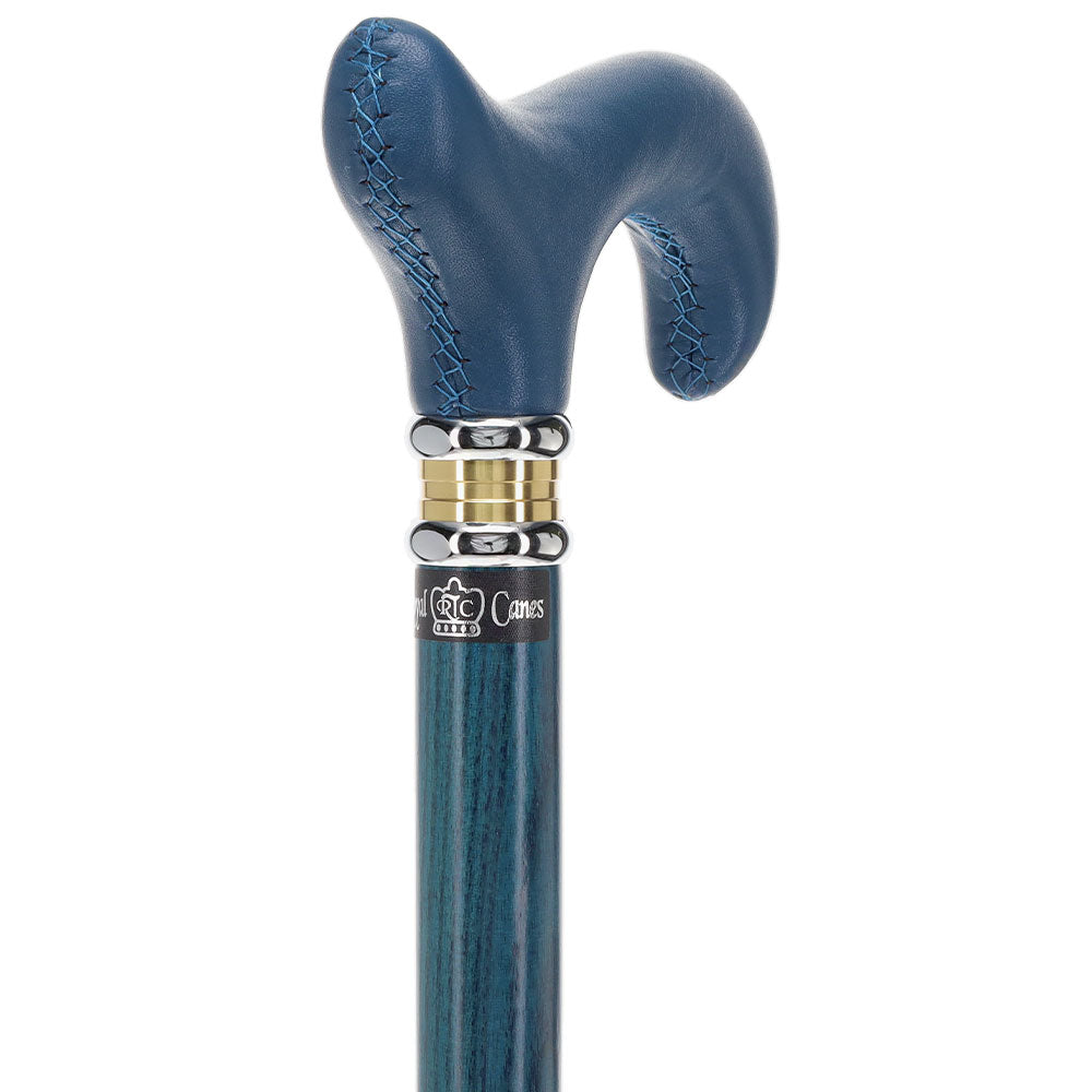 Blue Soft Leather Derby Walking Cane With Blue Stained Ash Wood Shaft and Two-tone Collar