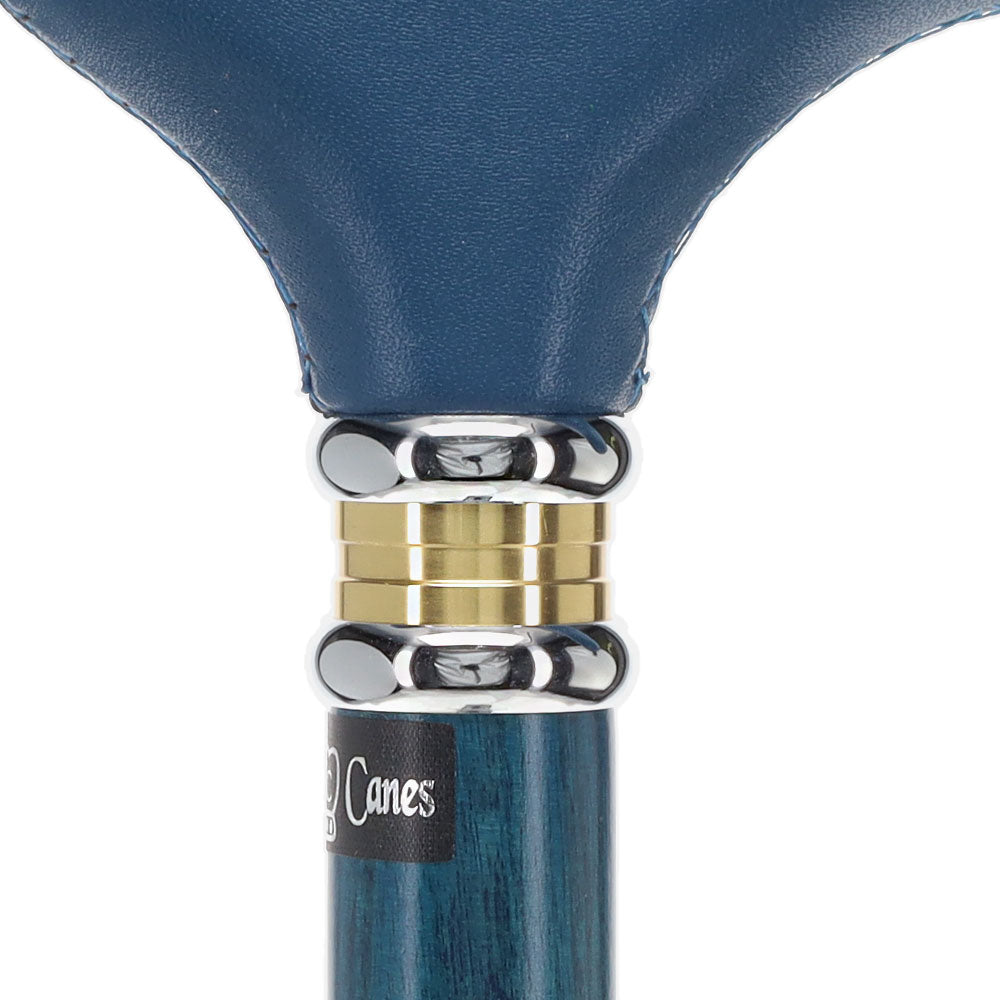 Blue Soft Leather Derby Walking Cane With Blue Stained Ash Wood Shaft and Two-tone Collar