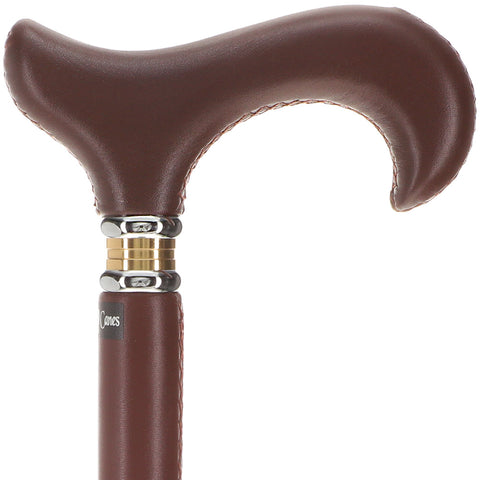 Scratch and Dent Brown Leather Wrapped Derby Walking Cane With Leather Shaft and Two Tone Collar V1266