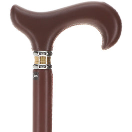 Scratch and Dent Brown Leather Wrapped Derby Walking Cane With Leather Shaft and Two Tone Collar V1266