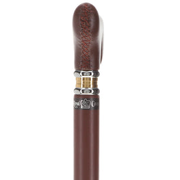 Brown Leather Wrapped Derby Walking Cane With Leather Shaft and Two Tone Collar