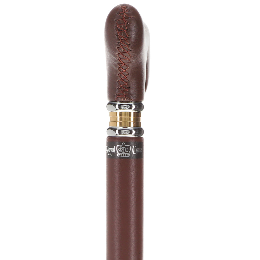 Soft Genuine Leather Grip Brown Cane: Leather on Shaft & Handle