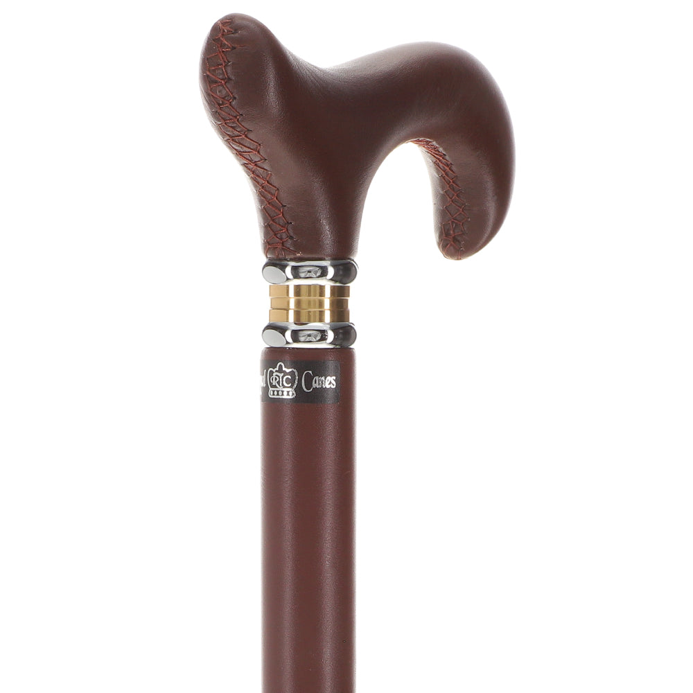 Soft Genuine Leather Grip Brown Cane: Leather on Shaft & Handle